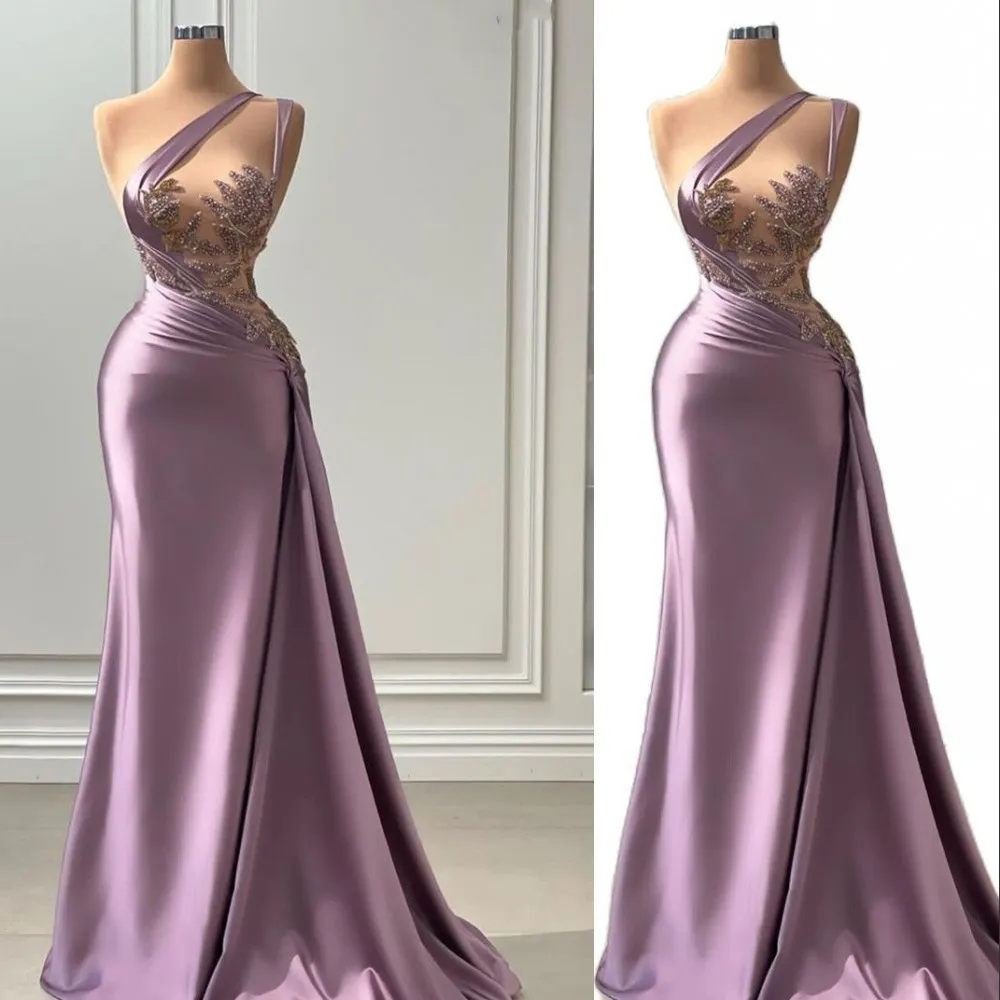 2023 Sexy Lilac Light Purple Prom Dresses Mermaid One Shoulder Illusion Crystal Beads Evening Gowns Cutaway Sides Plus Size Formal Party Dress