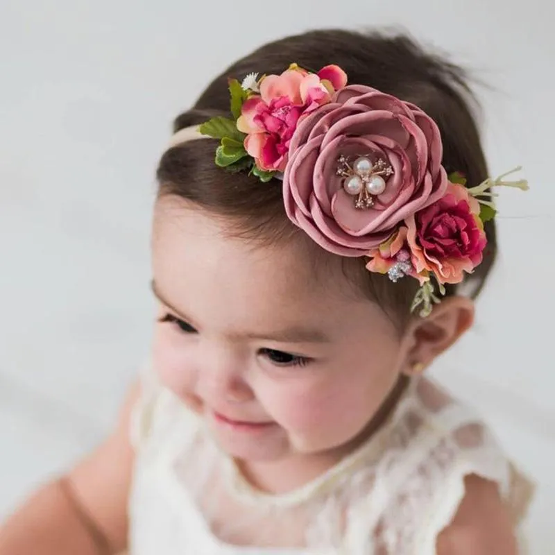 Hair Accessories Artificial Fake Flower Baby Headband For Girls Fashion Pearl Elastic Nylon Bands Vintage Handmade Born