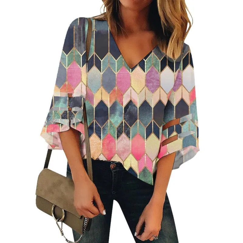 Kvinnors blusar Skjortor Kvinnor Flower Geometric Print Printed Blus Flare Hylsa Skjorta Mesh Panel V Neck Topp Kvinnlig tee Kvinnokläder 202