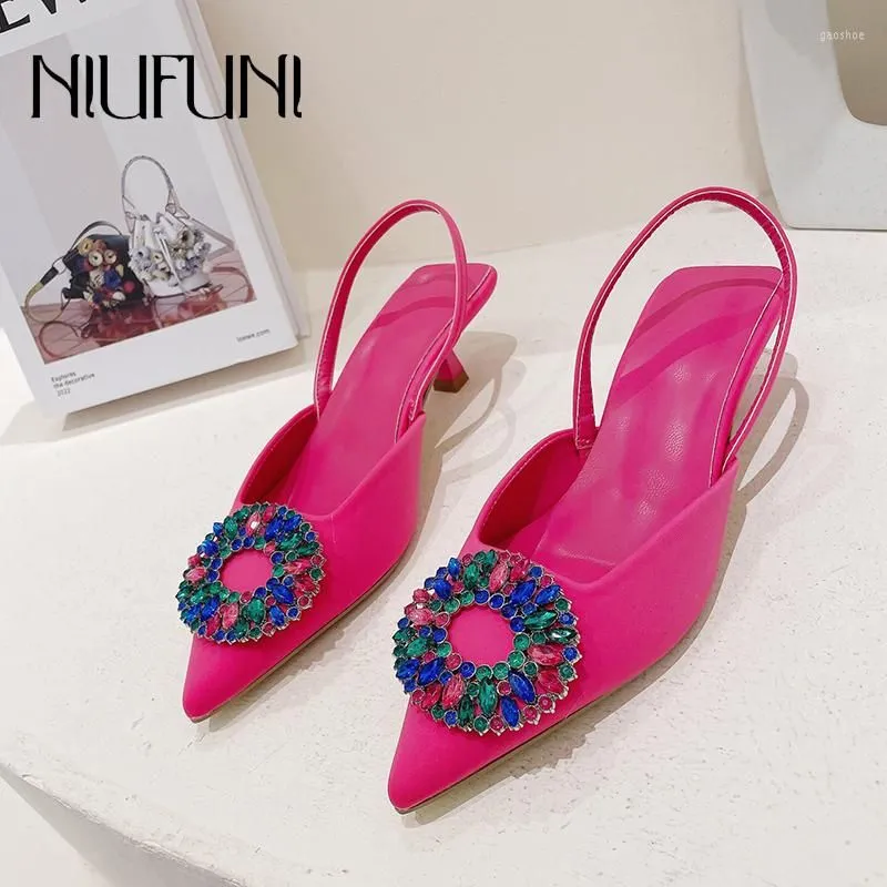 Sandals Pointed Toe Colorful Rhinestone Annuli Women's Slingback Elastic Band Stiletto High Heels Solid Color Simple Dress Shoes