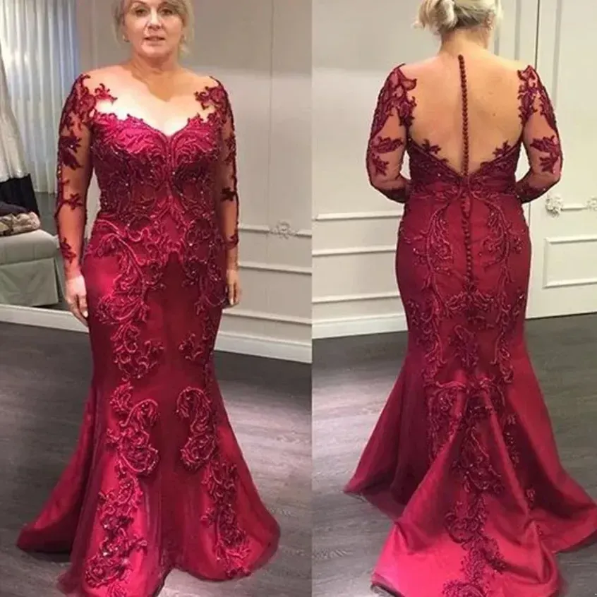 Vintage Rouge Foncé Sirène Mère Robes Sheer Jewel Cou Appliques Perles Manches Longues Mère De La Mariée Groom Party Soirée De Mariage Invité Robes 2023