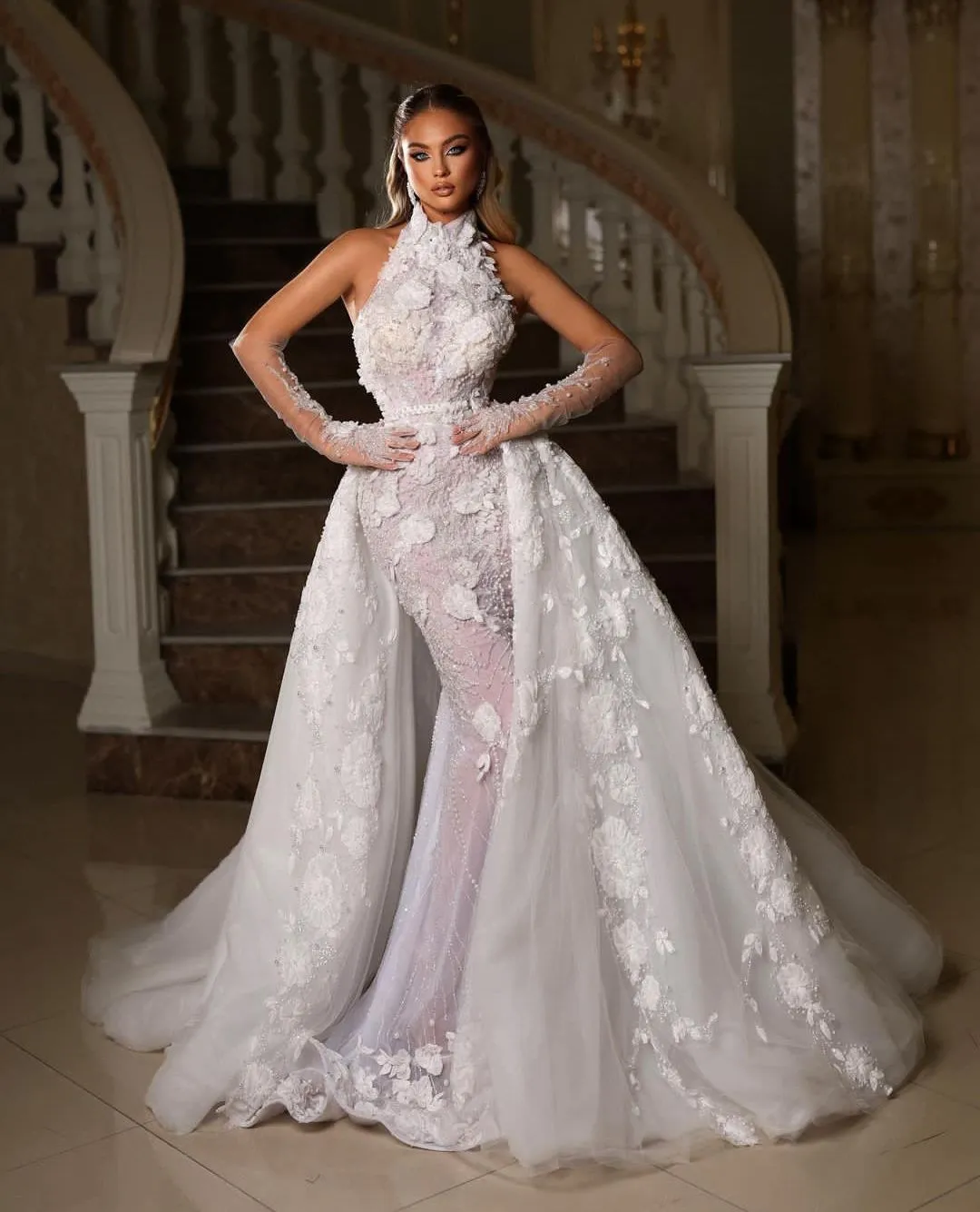 Robes de mariée sirène élégantes sans manches col haut dentelle fleurs perles paillettes appliques robes formelles train détachable robes de mariée grande taille robe de novia