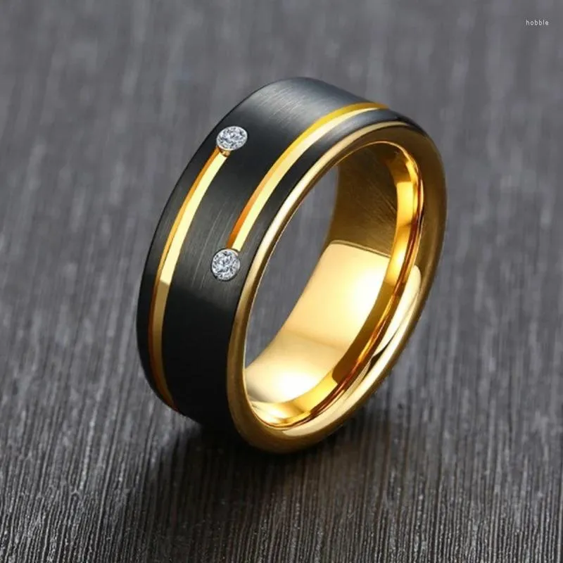 Anéis de casamento anel de luxo masculino para homens Banda de aço inoxidável preto com linhas de cores douradas cz pedras gent ANEL