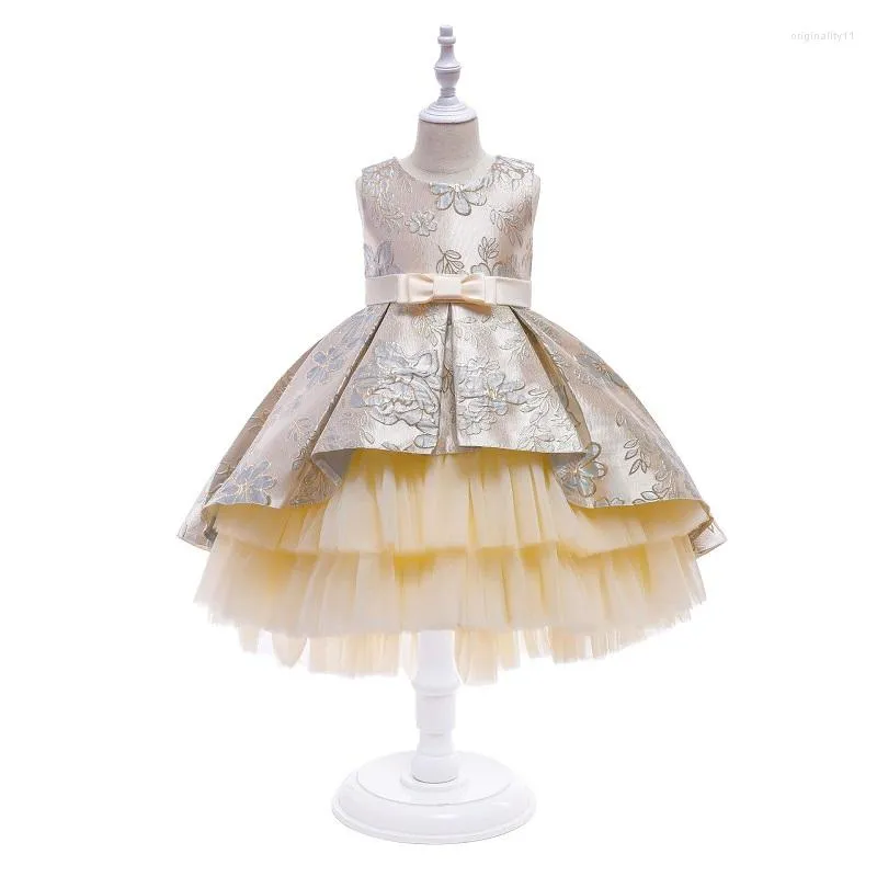 Meisjesjurken Dragstaartavondjurk Flowergirl bruiloft Multi -Layer garen zomer zomers kinderprestatie Jacquard Girls Princess