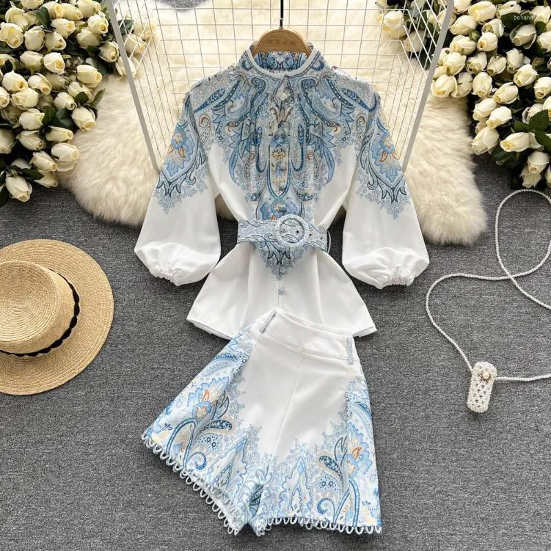 Women's Tracksuits Women's Spring Summer Fashion Court Printing Short Sleeve Shirt Tops Wide Leg High Waist Shorts Two-piece Sets G098