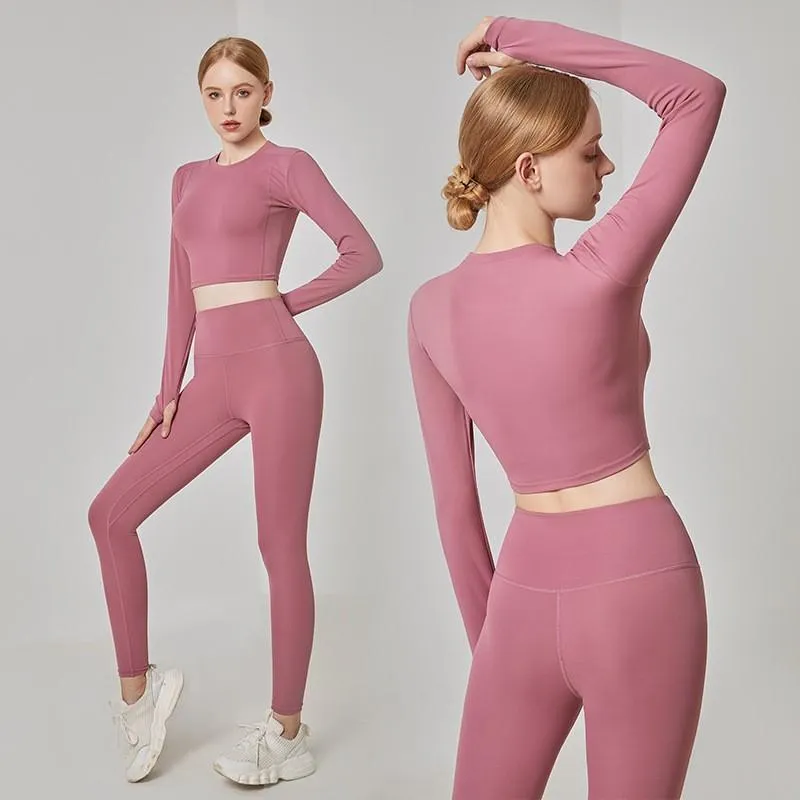 Tenues de yoga 2pcs sans couture femmes ensemble vêtements d'entraînement vêtements de sport vêtements de fitness à manches longues haut court taille haute leggings costumes de sport mode