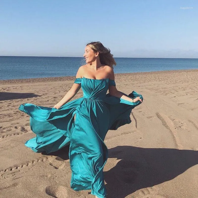 Party Dresses Funyue Elegant Turquoise Prom Dress 2023 Sexig High Split A-Line Satin Long Evening Clows Off The Shoulder Vestidos de Gala