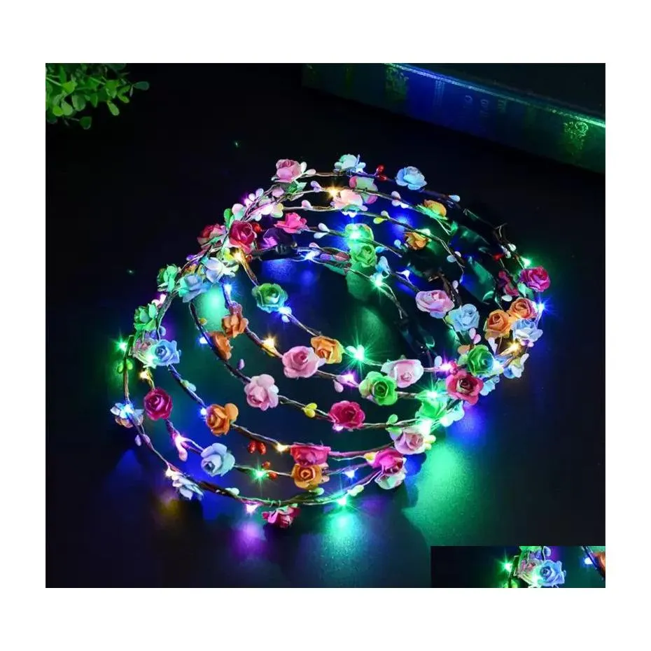 Flores decorativas Wreaths Party Flashing LED Hairbands Strings Glow Flower Crown Bands para a cabe￧a Rave Floral Hair Garland Luminou Dhx14