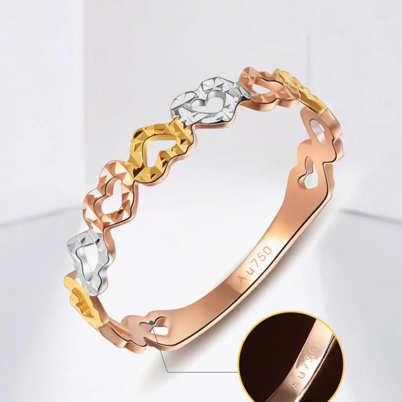 Cluster Rings 1PCS Au750 Real 18K Multi-tone Gold Ring Donne Fortuna Molti Heart Pattern Band US6-7