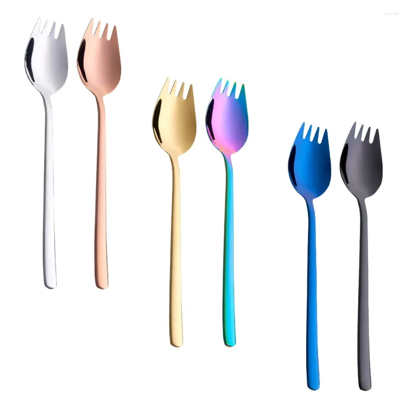 Dinnerware Sets 6Pcs Stainless Steel Sporks Spoon Salad Forks Metal Fruit Appetizer Dessert