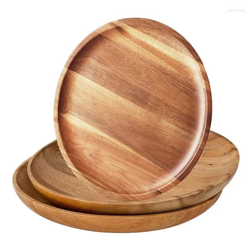 Plates Acacia Wood Dinner Round Wooden Dishes Fruit Safe Server Tray Hand Carved Saucer Tea Dessert Charger Plate