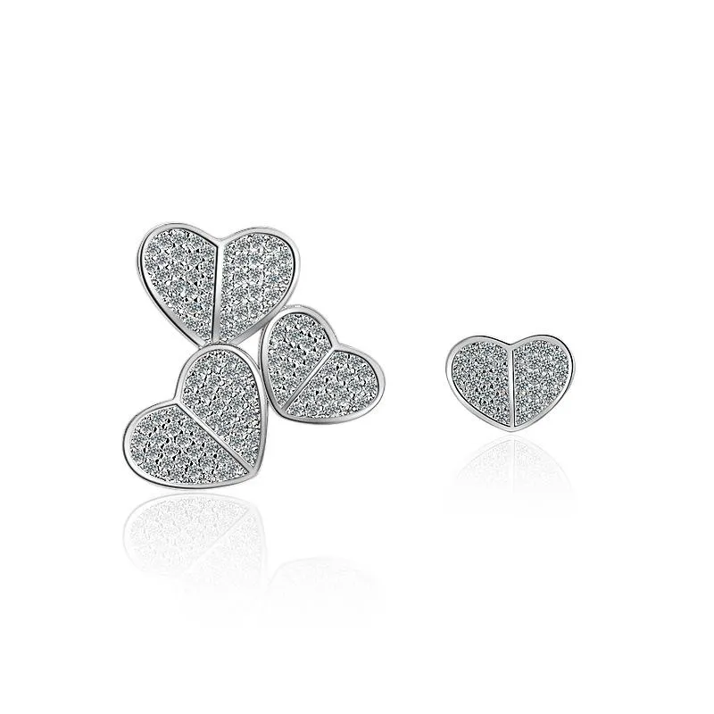 Stud Earrings Asymmetric Heart Pendant 925 Silver Plated Charm Zircon CZ Lovely Female Jewelry Accessories