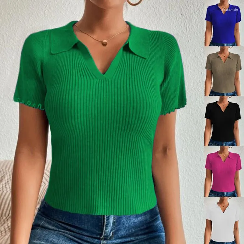 Women's Polos Women Polo Shirts Short Sleeve Knit T-shirt Plain Ladies Ribbed V-neck Crop Top Solid Slim Tees 2023 Summer Drop