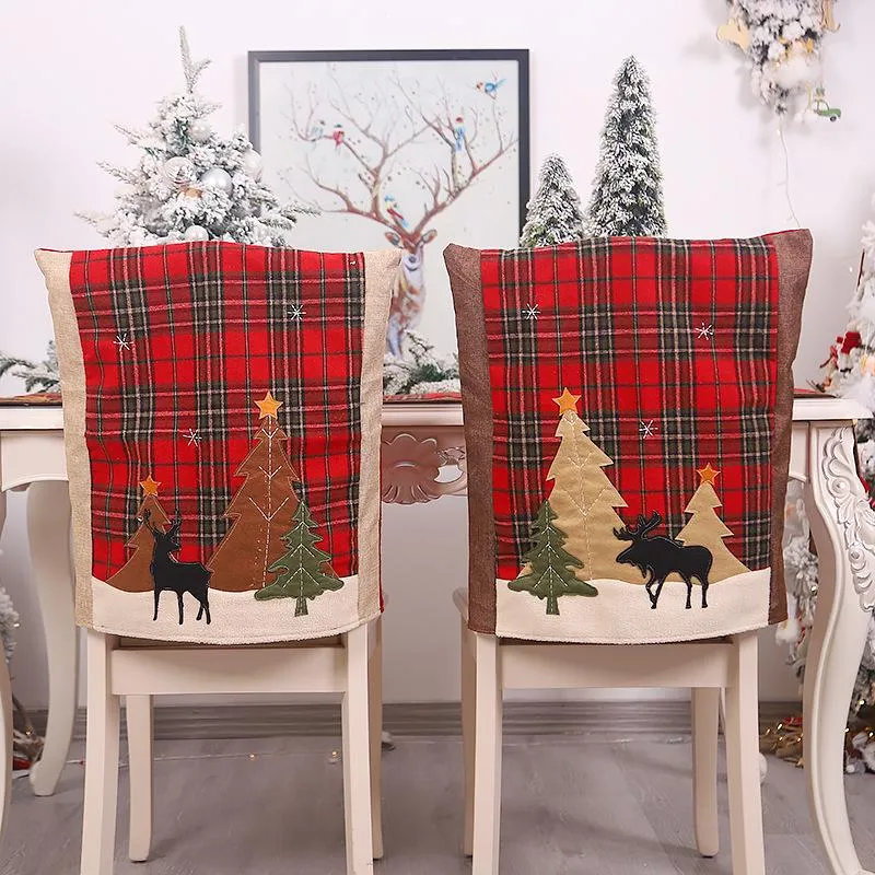 Housses de chaise rouge couverture de noël Plaid tissu lin étui wapiti arbre de noël protecteur année housse maison Decorchair