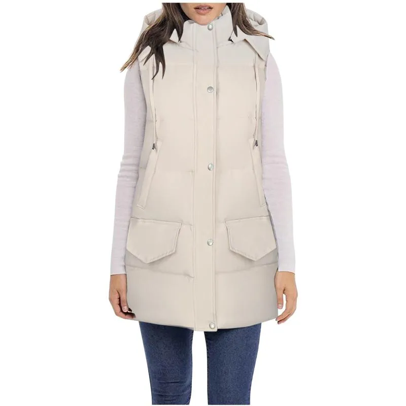 Kvinnors västar Autumn Winter Women Vest Zipper Waistcoat Long Down Cotton Jacket Löst överdimensionerad ärmlösa huva Parkas med fickor