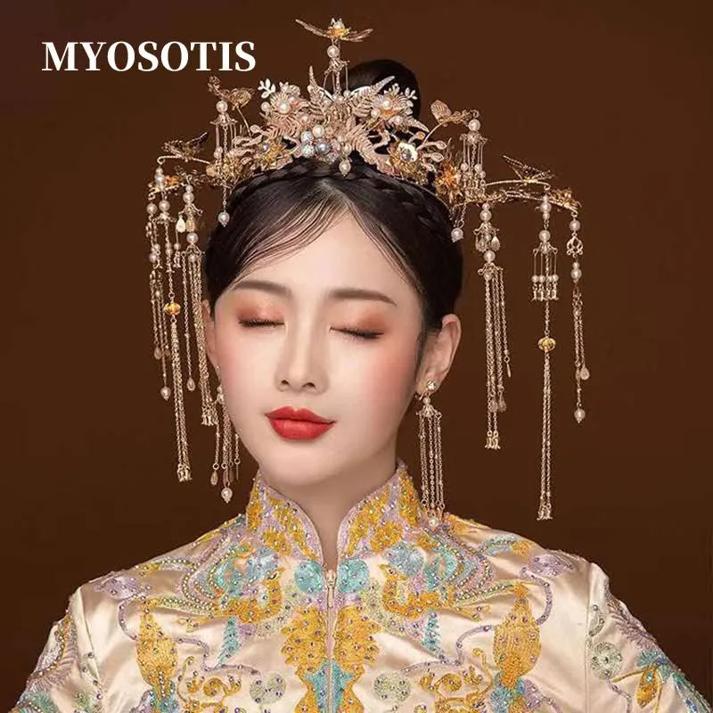 Hair Clips & Barrettes Luxury Chinese Bridal Headpiece Costume Headdress Ancient Gold Tassel Women Wedding Jewelry Accessories