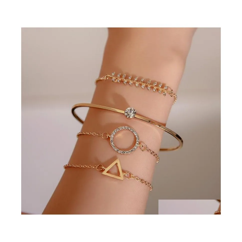 Charm Armband Fashion Jewelry Vintage Armband Set Triangle Circle Fishbone Geometric Opening Bangle 4pcs/Set Drop Delivery Dh4xn