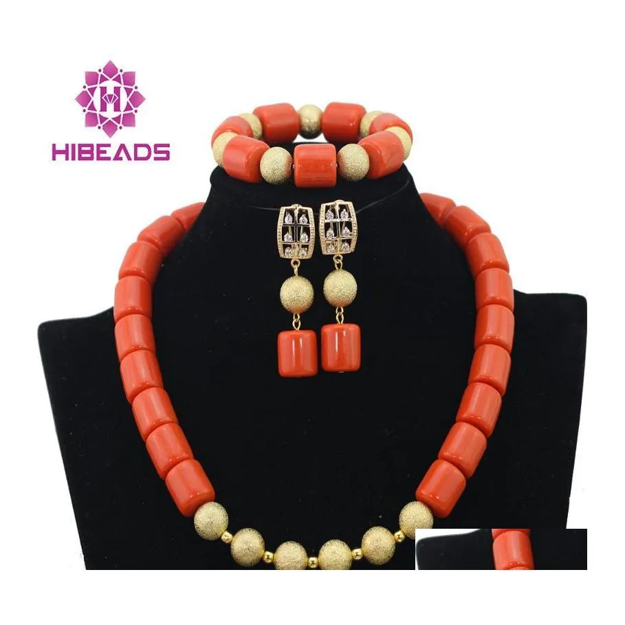 ￖrh￤ngen halsband vackra afrikanska br￶llop smycken set orange korallp￤rlor nigerianska p￤rlstav cg006 droppleveransupps￤ttningar ot9ij