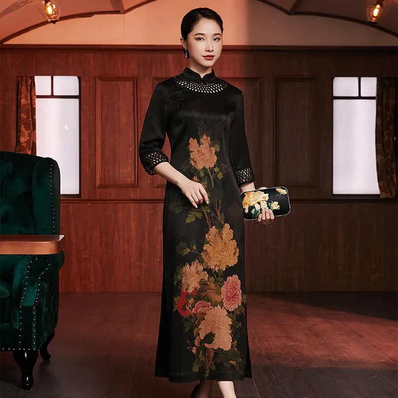 Vêtements ethniques printemps/été 2023 vent chinois amélioré lourd Satin gaze arrosée 50 mètres de Long robe Qipao tempérament féminin