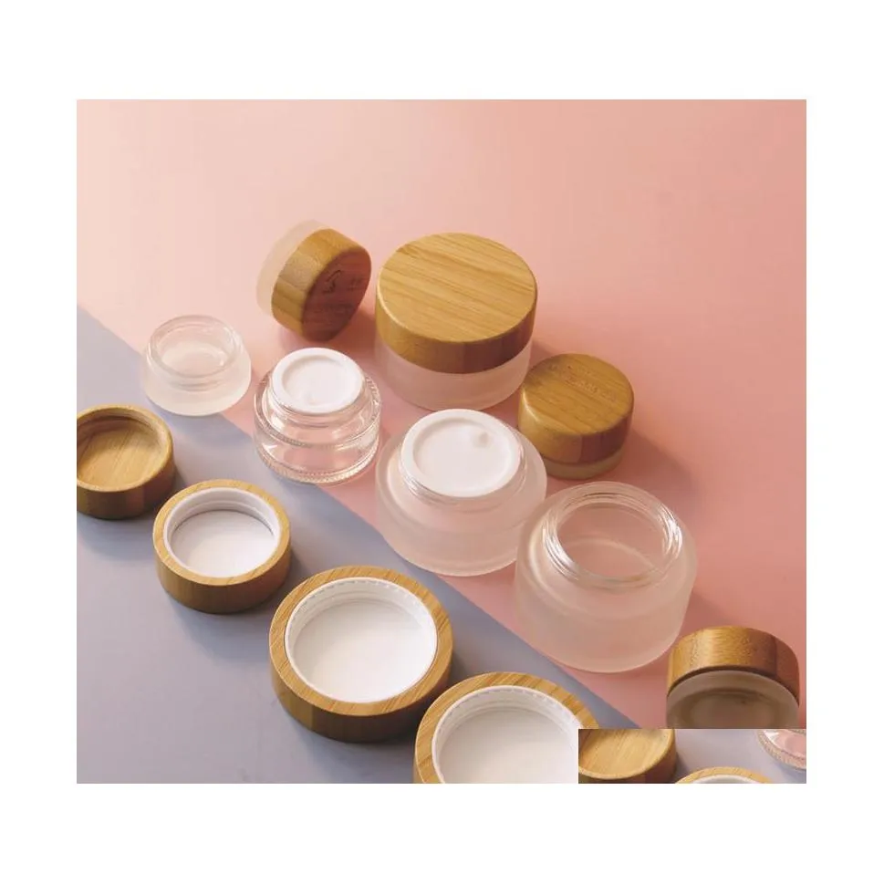 Storage Bottles Jars 105Pcs 50G Carving Frosted Glass Cream Jar Ecofriendly Wooden Lid Bamboo Cap Cosmetic Packaging Container Ski Dh2Gt