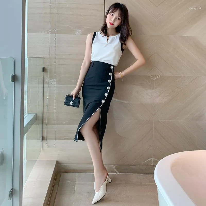 Work Dresses Summer Fashion Women Korean Sets Sleeveless Blouse High Waist Single Breasted Pencil Skirts 2 Pieces Suits Office Lady Loose