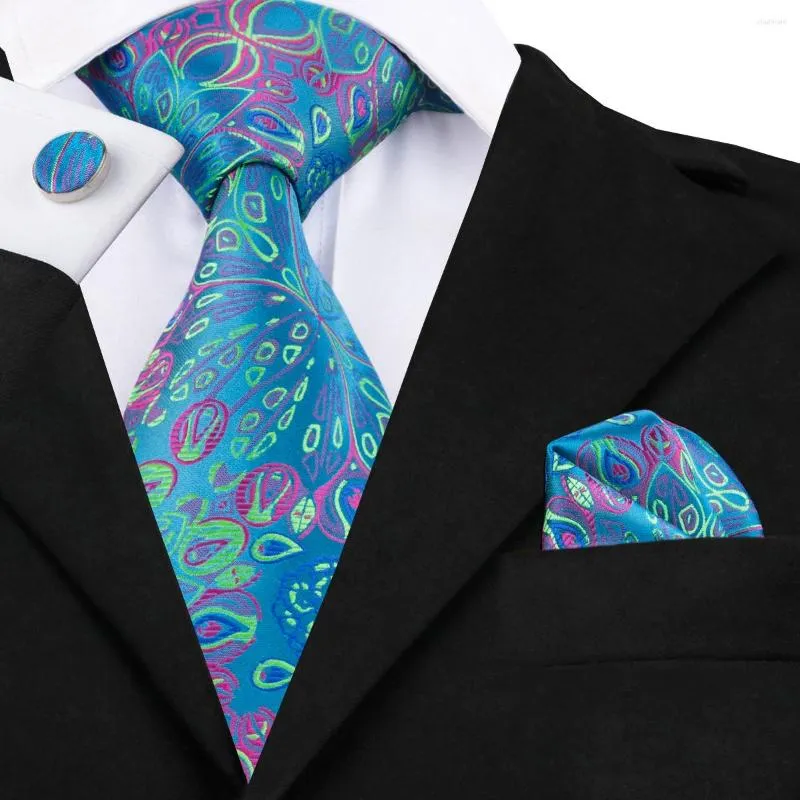 Bow Ties SN-1592 Hi-Tie Design Blue Neck Tie Hanky Cufflinks Set High Quality Handmade Silk Gravatas For Mens Business Wedding Party
