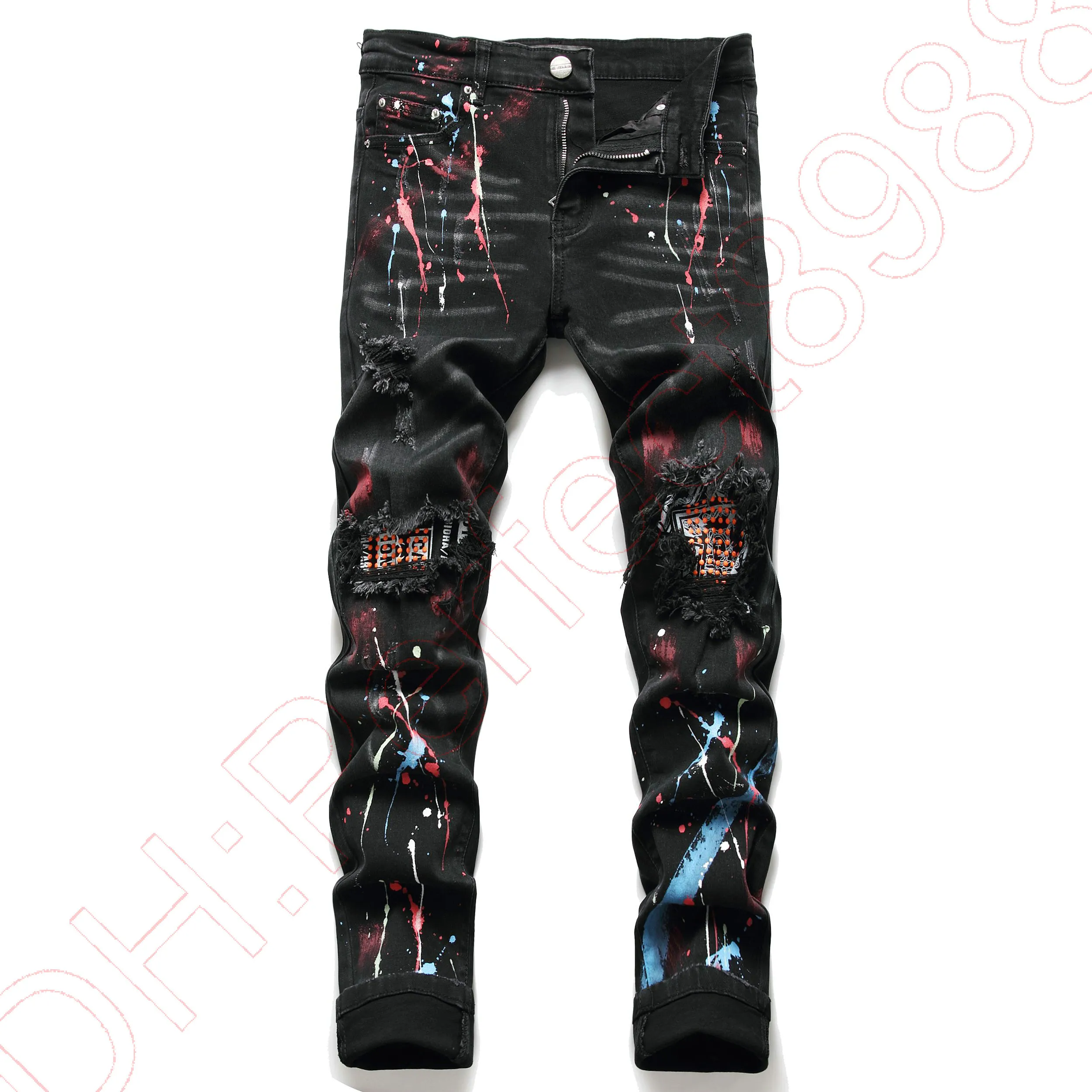 Nuovi JEANS Pantaloni chino pantaloni Pantaloni da uomo Pantaloni elasticizzati attillati lavati dritti Skinny Ricami Patchwork Strappato Tendenza uomo Marca Moto JEANS-B15