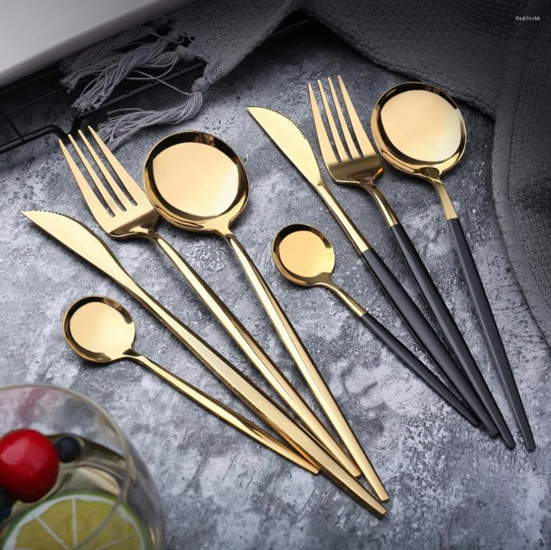 Dinnerware Sets Steak Knife And Fork Round Spoon Stainless Steel Tableware Set Gold Long Handled Spork Chopsticks