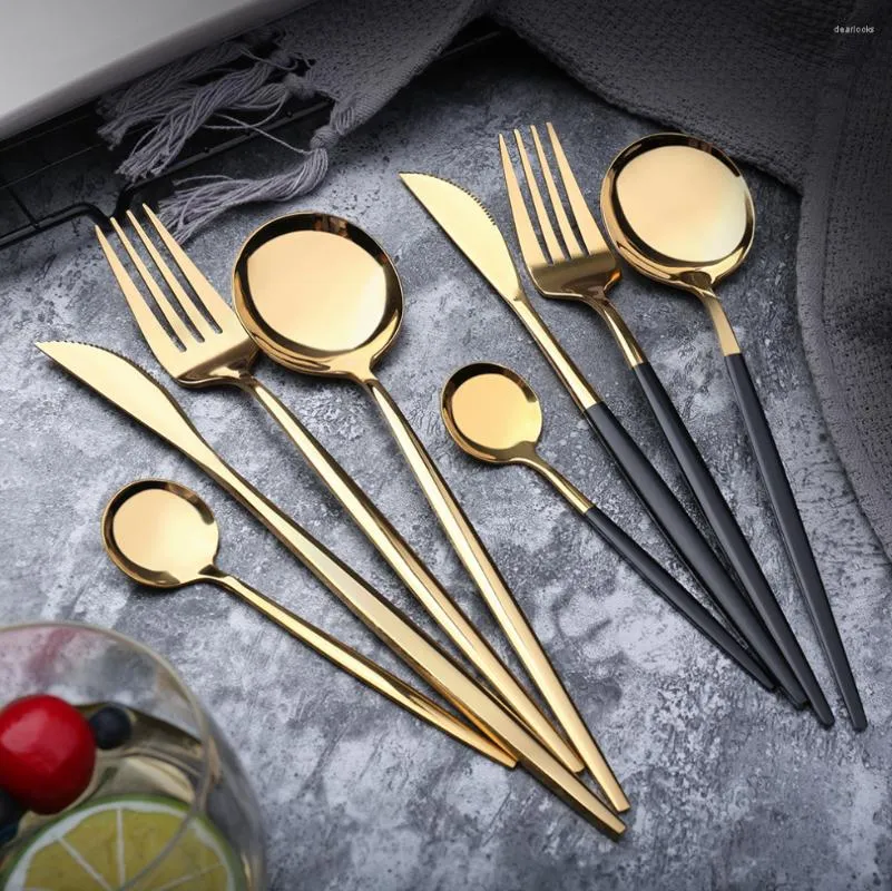 Geschirr-Sets, Steakmesser und Gabel, runder Löffel, Edelstahl-Geschirrset, goldfarbene, langstielige Spork-Essstäbchen