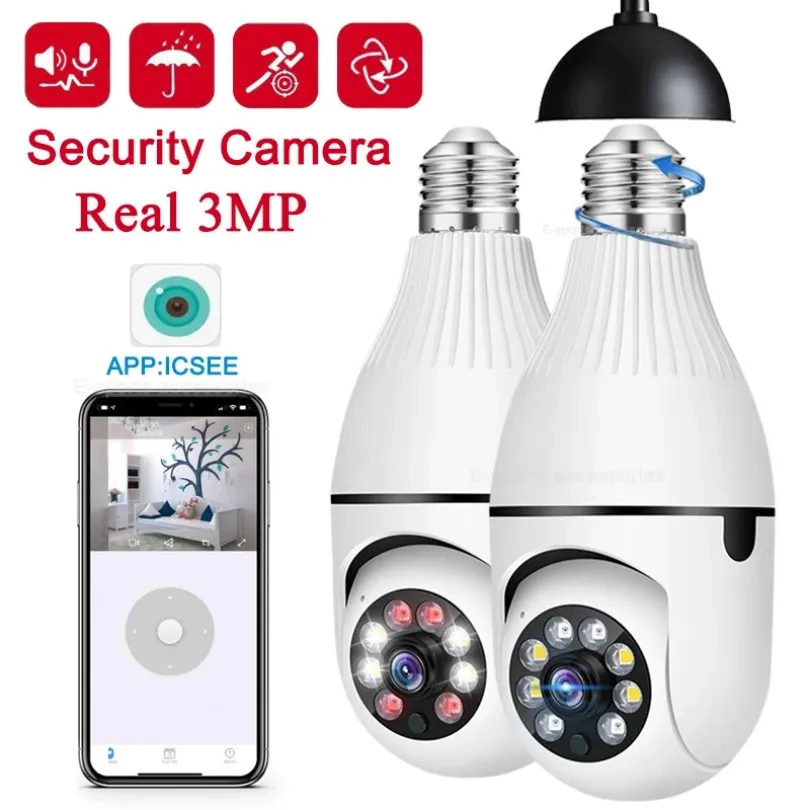 3MP E27 Sorveglianza Bulb Camera Night Vision Night Color Tracciamento umano automatico 4x Digital Video zoom Monitoraggio di sicurezza interno