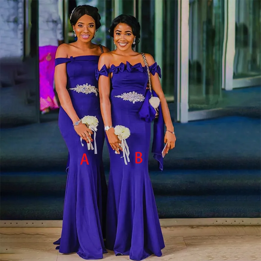 Parlak Kristal Denizkızı Nedime Elbiseleri Kraliyet Mavi Kadınlar Uzun Omuz Düğün Partisi Elbise De Soiree De Mariage