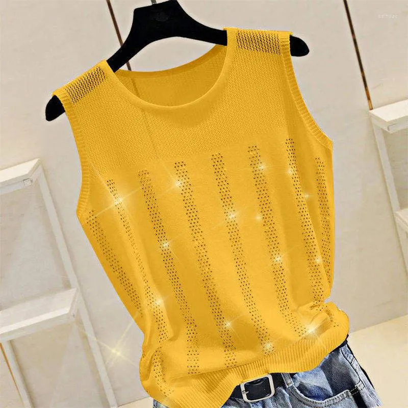 Tanks pour femmes 2023 Woherb Summer Ice Soie Lady Mince Gilet tricoté Femmes Casual Débardeur Modis Paillettes Perles Mesh Chemise Jaune