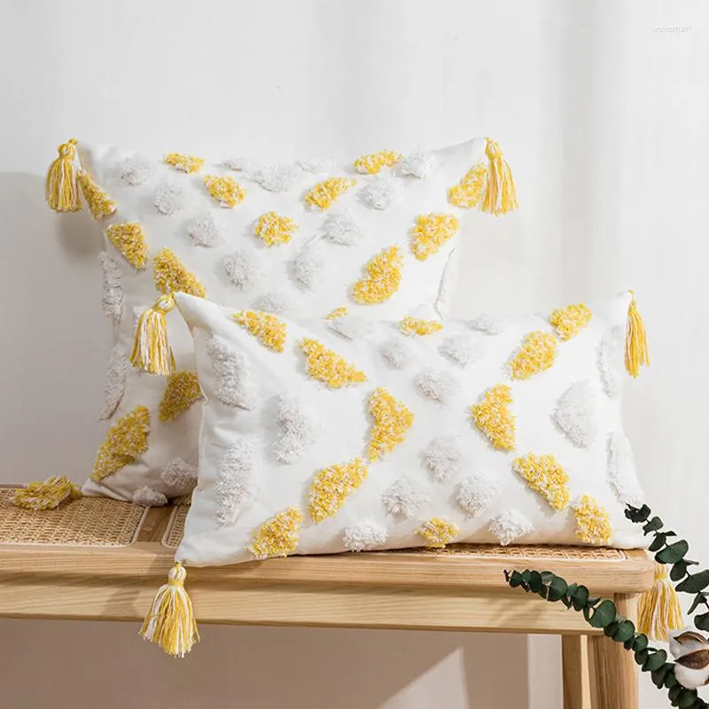 Pillow Tassels Cover 45x45cm/30x50cm Yellow Tufted Boho Style Home Decoration For Living Room Sofa Couch Bedroom