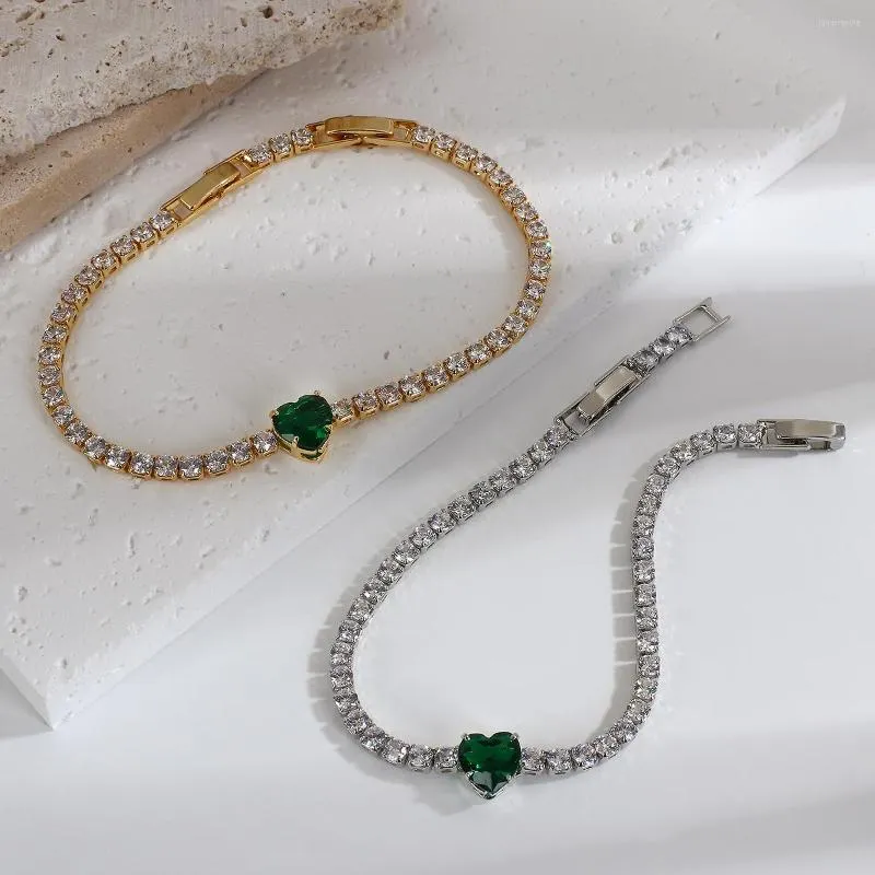 Braccialetti di collegamento Greatera Squisito braccialetto di fascino del cuore di zirconia cubica verde per le donne Catena di gioielli in acciaio inossidabile dorato Pulseras Femme
