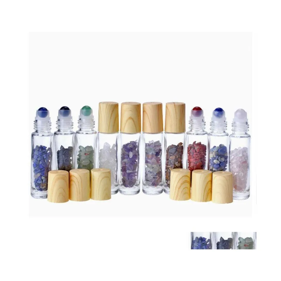 Party Favor 10 ml Natural Gemstone Jade Roller Bottle Plastic Wood Grain Lock p￥ ￥terfyllningsbar eterisk olja Partihandel Drop Delivery Home GA DHBGD
