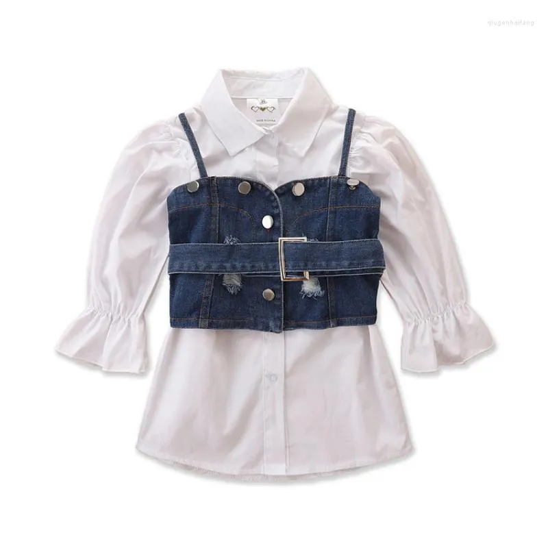 Girl Dresses Summer Shirt Dress Denim Cotton Vest Fashion Long Sleeve Kids Set Children Suits Clothes