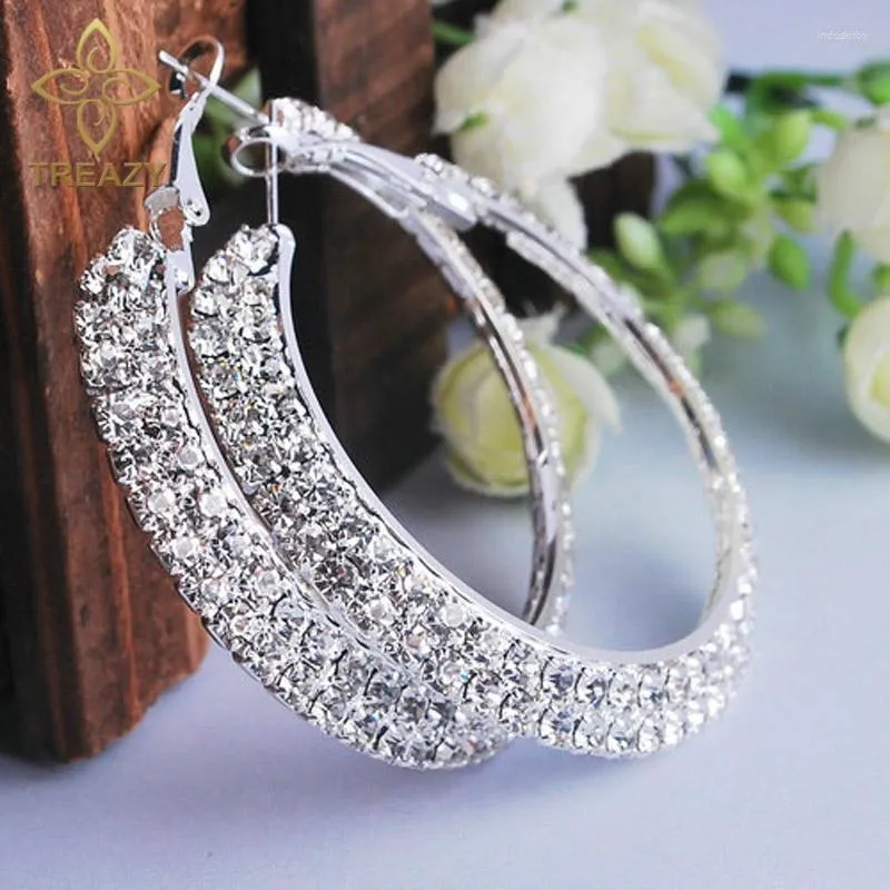 Boucles d'oreilles créoles TREAZY mode femmes bijoux argent plaqué 40MM 2 rangées Diamante strass cristal rond mariage