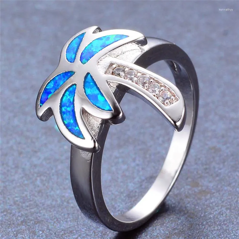 Anéis de casamento boho fêmea azul branco opala jóias delicadas cor prata fina para mulheres charme Cristal Coconut Tree noivado