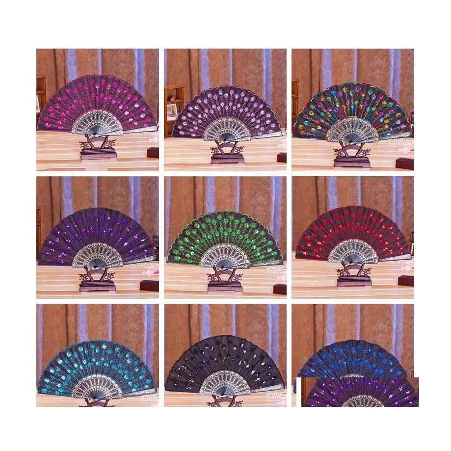 Party Favor Chinese Folding Fan Classical Dance Elegant Colorf Brodered Flower Peacock M￶nster Sequin Kvinnlig plasthandh￥llen FA Dhaeu