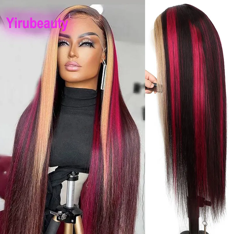 Capelli virginici umani brasiliani 13x4 parrucca anteriore in pizzo evidenziazione bionda rossa colorata 150-210% densità seta e seta 10-34 pollici yirubeauty