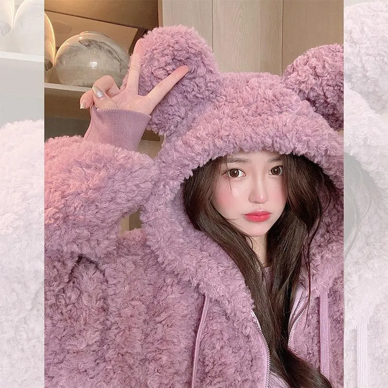 Women's Fur M GIRLS Women Winter Coat Cute Bear Ears Furry Velvet Padded Jacket Lady Loose Imitation Lamb Purple Overcoat