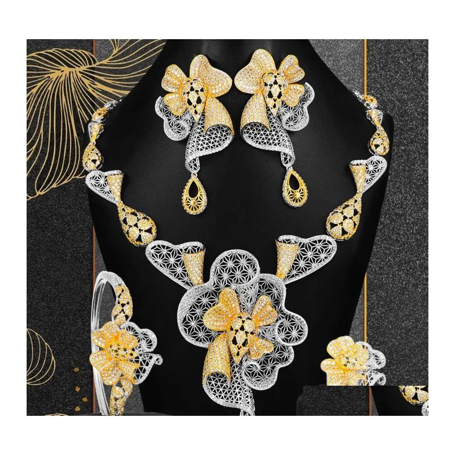 Earrings Necklace Godki Fashion Hollow Flowers 4Pcs Nigerian Jewelry Set For Women Wedding Party Zircon Cz African Bridal 2021 Dro Otszb