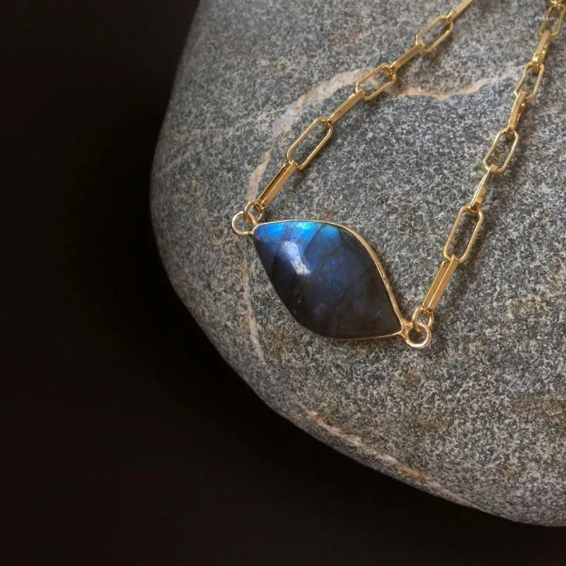 Bağlantı bilezikler fuwo doğal labradorite cabochon bilezik altın parlak kristal uzun kutu zinciri ile moda hip hop tarzı pirinç takı hediye