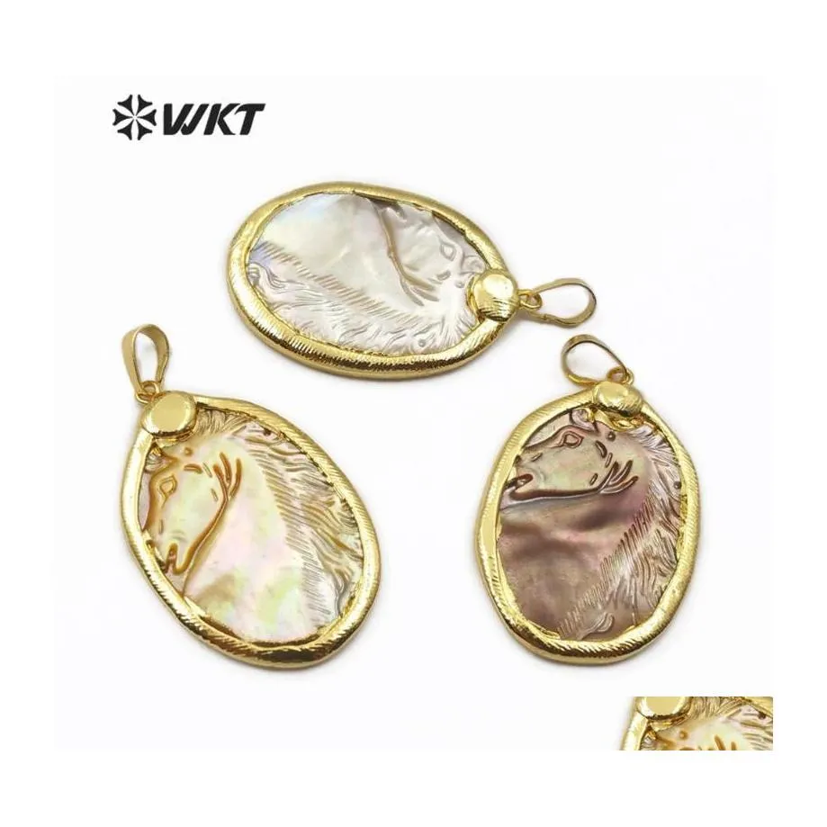 H￤nge halsband naturligt skal snidat h￤st gul/brun/vit f￤rg med guld trim mode droppleverans smycken h￤ngen dhmdo