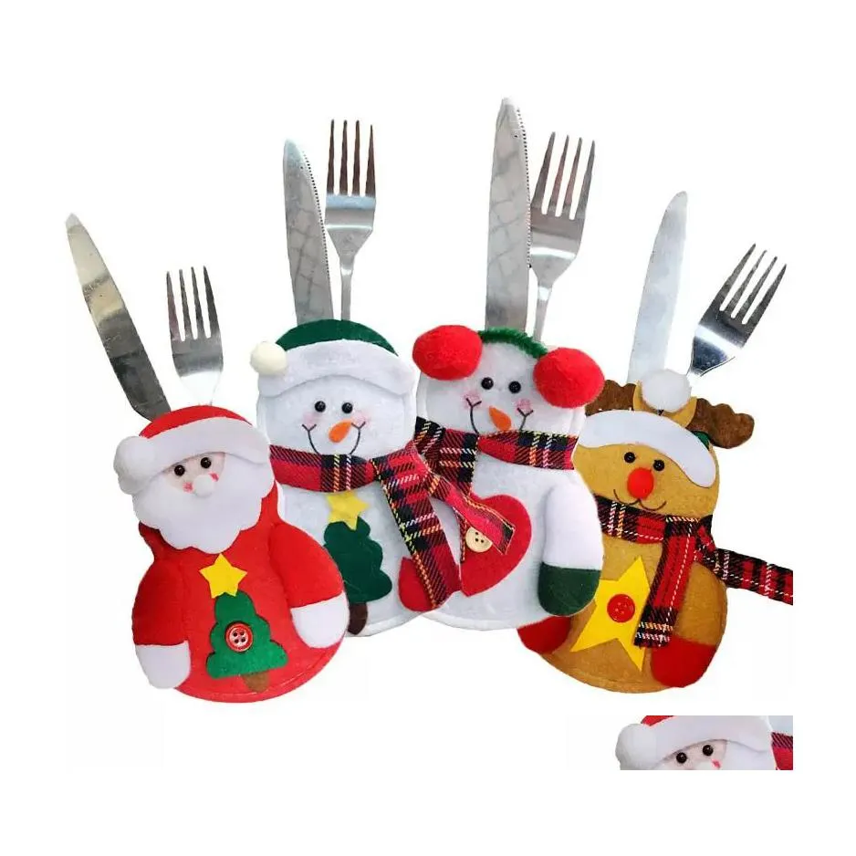 Party Favor Christmol Decorations Santa Claus Knifes Forks Bag Sierware Holder Pockets Pouchman Snowman Elk Xmas Table Provis