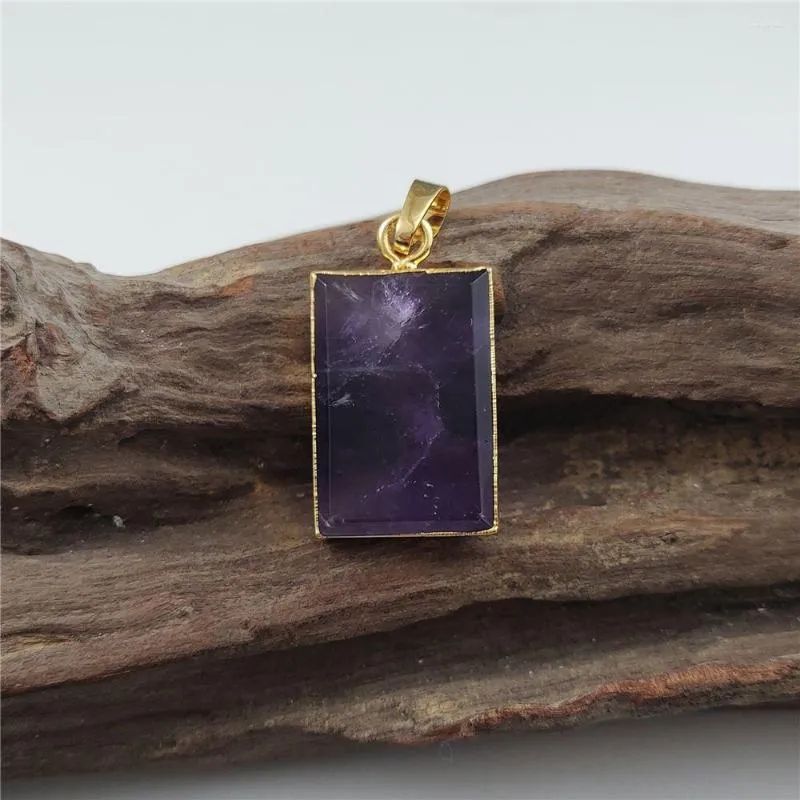 Pendant Necklaces FUWO Carved Rectangle Amethysts Gold Color Plated Purple Crystal Accessories For Jewelry Making PD432 5Pieces/Lot