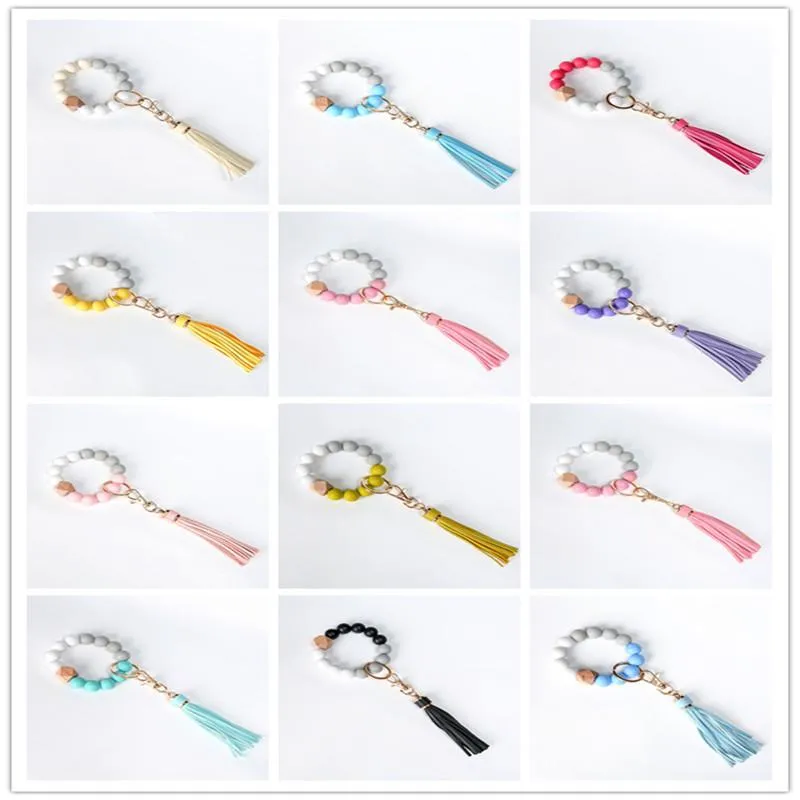 Keychains Silicone Bead Armband Keychain Female European och American Keyring Tassel Wood Food Grade KeychainKeychains