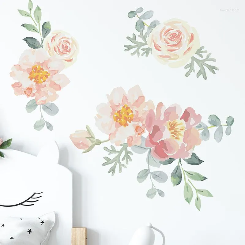 Muurstickers handverf aquarel bloemen pioenroze groene bladeren stickers voor woonkamer kinderen slaapkamer kerstdecor