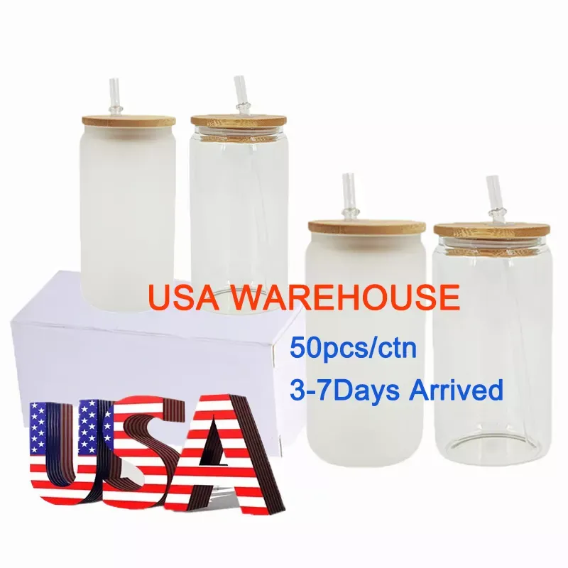 USA/CA Local Warehouse 16oz Sublimation Clear Frosted Glass Mugs Can Shaped Wine Tumblers With Bamboo Lids And straws Cocktail Cups Ice Cola Jar Home Mug 0606