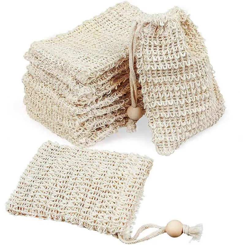 Porte-savon en sisal naturel Pochette de bain Fournitures de toilette Exfoliant Douche Mesh Savons Stockage Cordon Moussant Easy Bubble Foam Maker